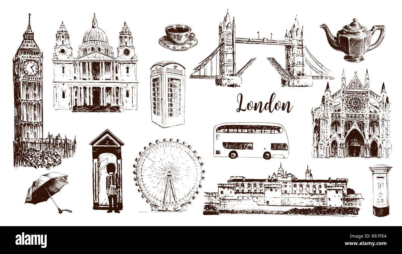 Symboles de Londres : Big Ben, Tower Bridge, bus, guardsman, boite mail, call box. La Cathédrale St Paul, thé, parapluie, Westminster. Banque D'Images