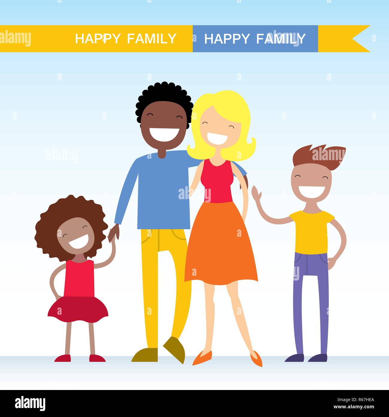 Portrait de quatre états de race mixte family posing ensemble et heureux sourire. Belles caricatures des personnages.Vector illustration Illustration de Vecteur