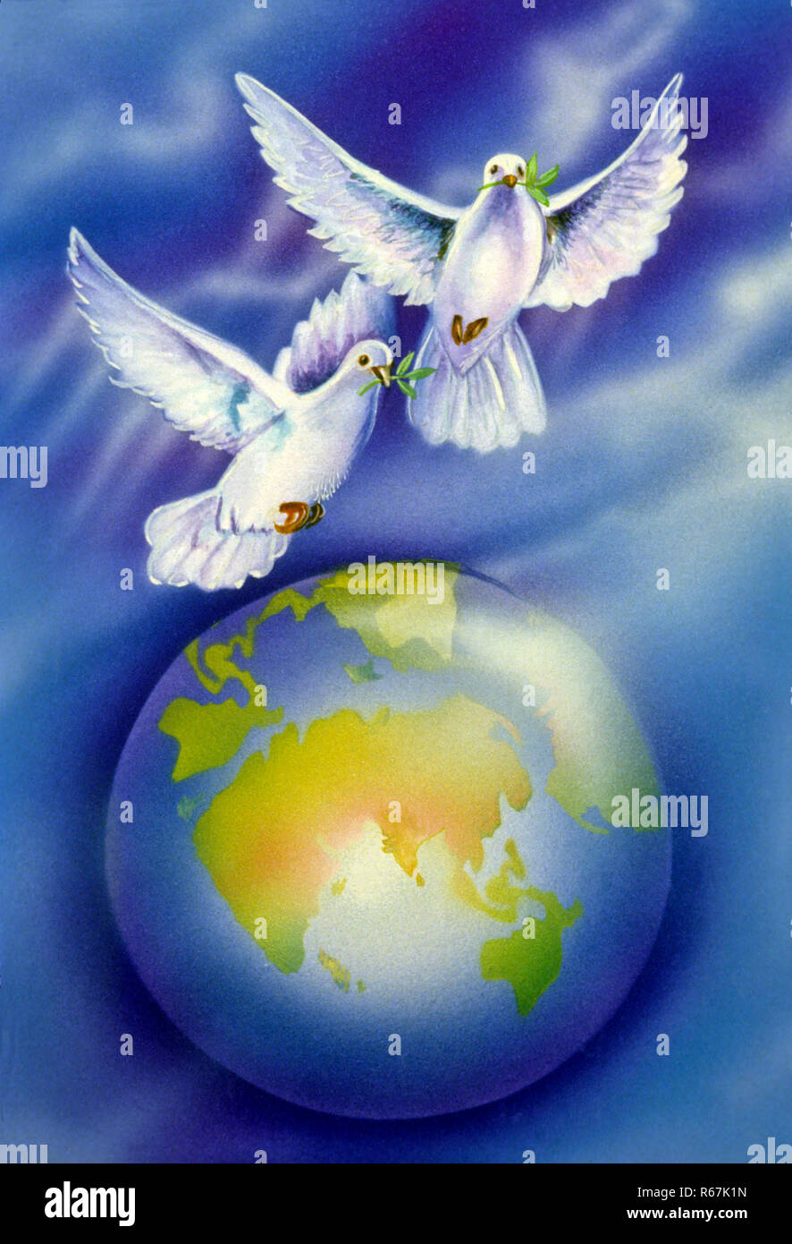 Peinture miniature de colombes, symbole de paix, les amoureux Banque D'Images