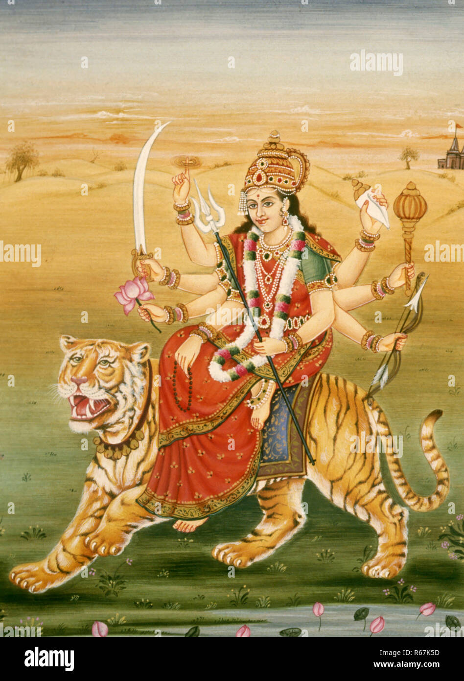 Déesse Durga assis tigre huit mains portant conch coquille mace Bow et flèche trident prière perles lotus fleur épée sudarshan chakra miniature peinture Inde Asie asiatique Indien Banque D'Images