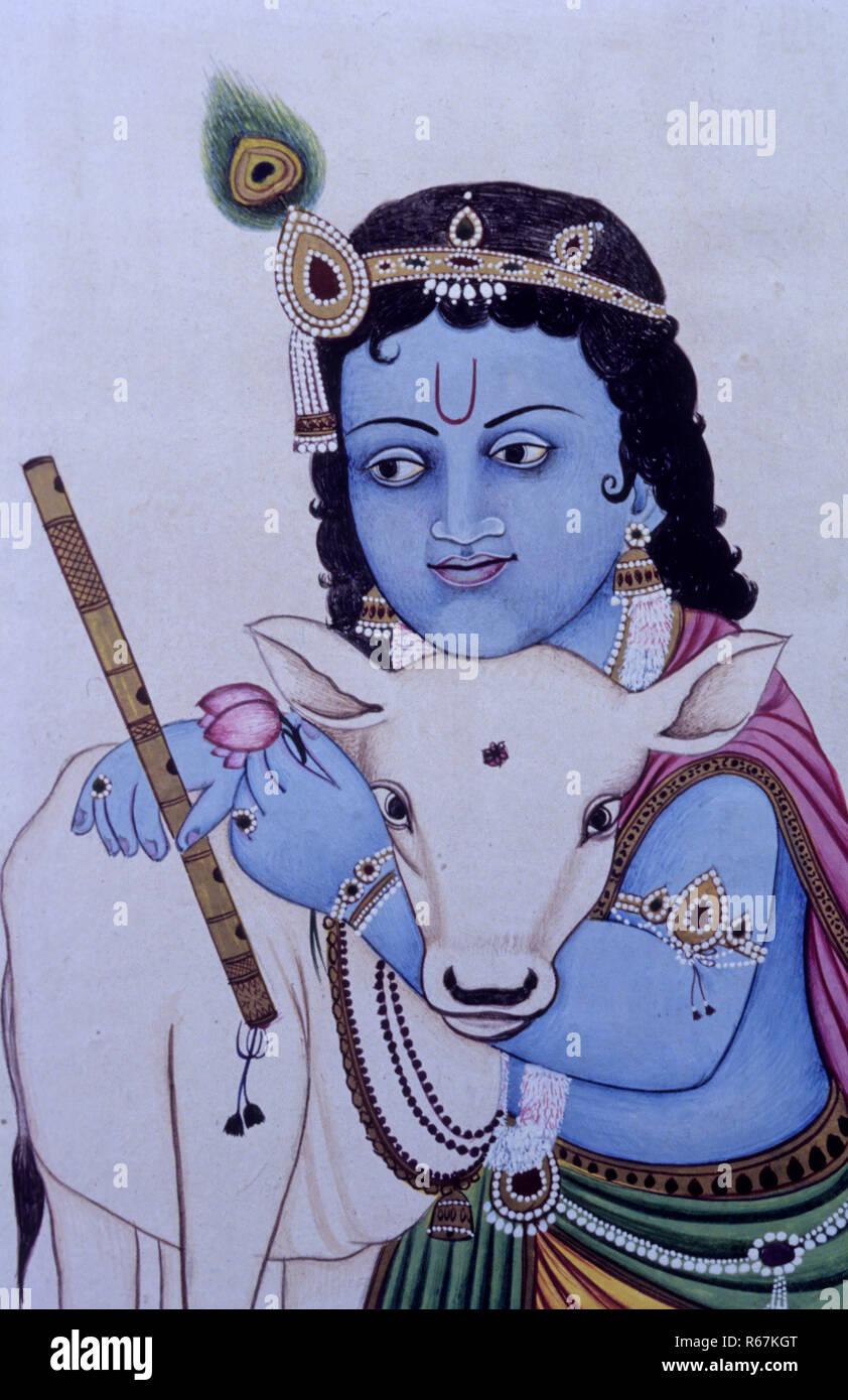 Seigneur Bal Krishna avec vache en miniature peinture sur papier Banque D'Images
