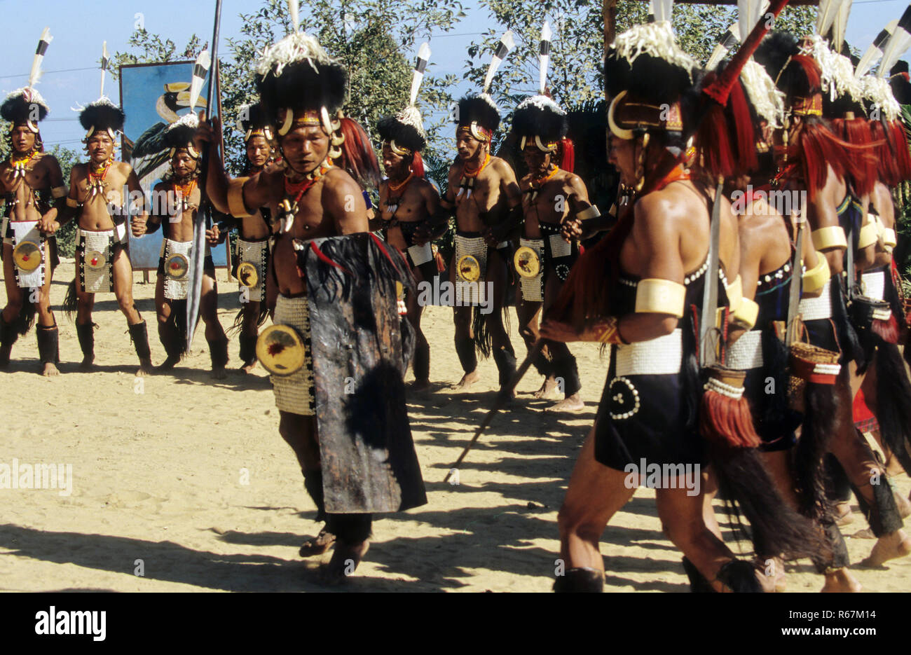 Danse folklorique guerriers, Nagaland, Inde Banque D'Images