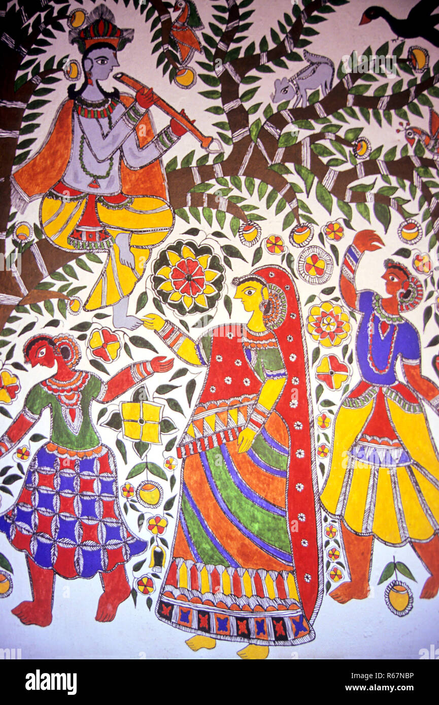 Madhubani Painting, Lord Krishna jouant de la flûte à instruments de musique et de la danse des femmes gopes, Inde, Asie, asiatique, Indien, dpa 23234 dba Banque D'Images
