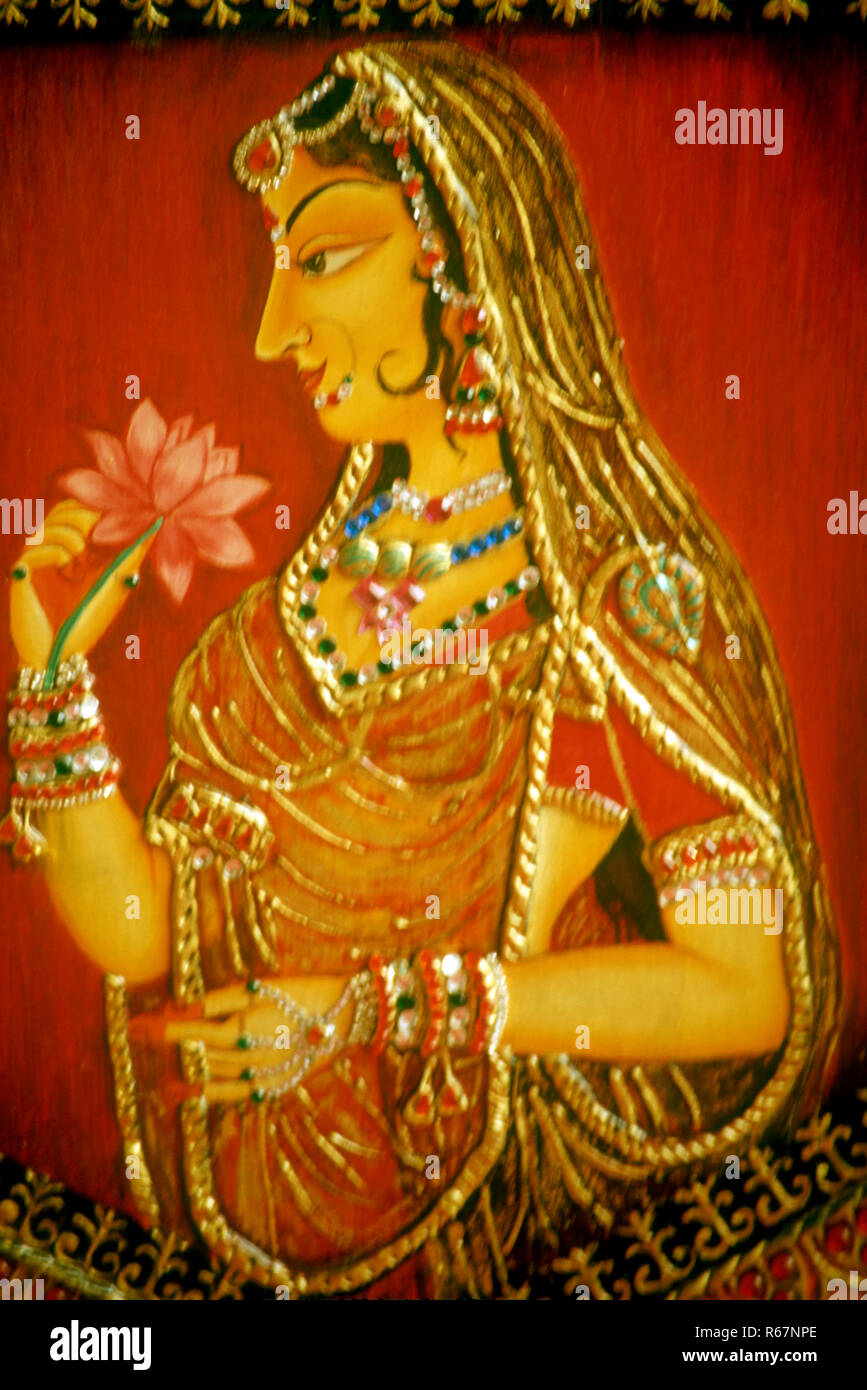Peinture miniature de l'impératrice Mughal Reine Rani Maharani avec fleur de lotus, Inde, Asie Banque D'Images