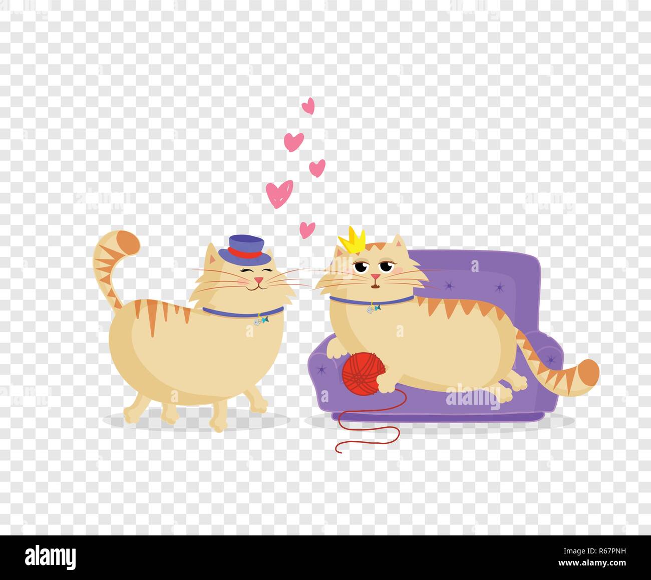 Cute cartoon chats garçon et fille dans l'amour. Chat mâle en haut de forme et la princesse femelle chat sur le canapé avec ballon et coeurs roses entre d'eux. Valentine d Illustration de Vecteur