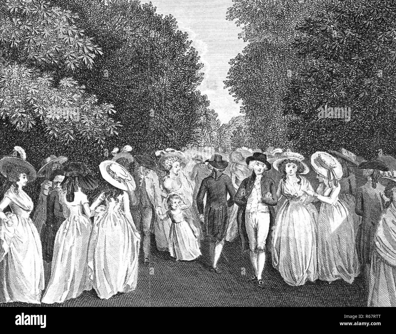 Les jardins de Kensington, Londres. La société à la mode bénéficiant d'une promenade dans une gravure 1786 Banque D'Images
