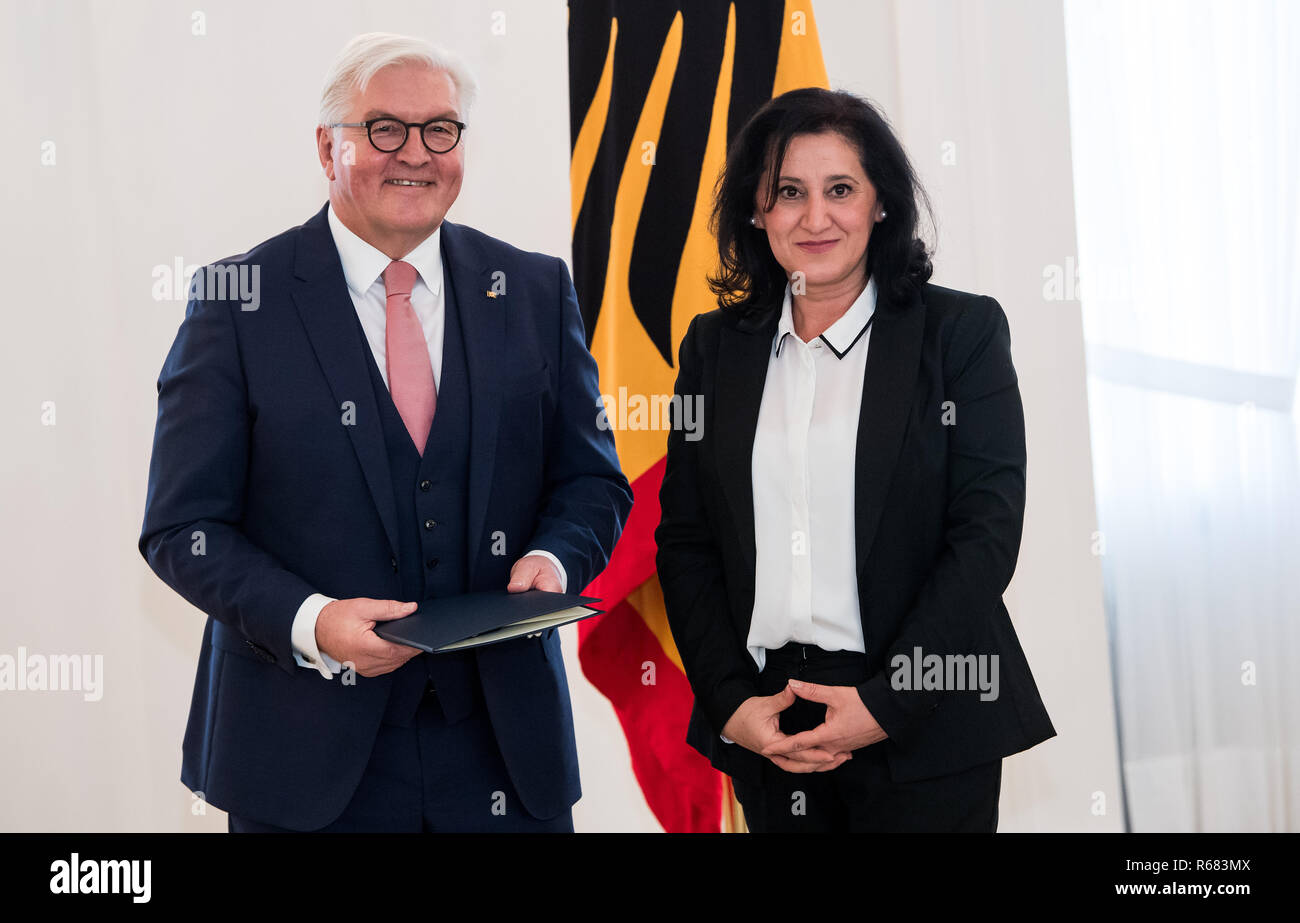 Berlin, Allemagne. 08Th Nov, 2018. Président fédéral Frank-Walter Steinmeier awards l'Ordre du Mérite de la République fédérale d'Allemagne d'Gülaynur Kanaat Uzun de Berlin. Sous la devise 'besoins futurs en souvenir, Président fédéral Steinmeier a rendu hommage à un total de 14 femmes et 14 hommes pour leur engagement exceptionnel pour la culture de la mémoire et le souvenir en Allemagne avec l'Ordre du mérite à l'occasion de la journée de bureau honoraire. Crédit : Bernd von Jutrczenka/dpa/Alamy Live News Banque D'Images