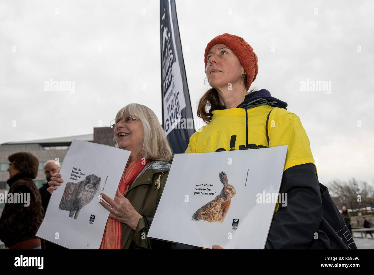 Cardiff, Pays de Galles, Royaume-Uni, 4 décembre 2018. Les manifestants lors d'une manifestation devant l'Assemblée nationale du Pays de Galles Senedd bâtiment dans la baie de Cardiff contre les Gallois Gouvernement prévoyait un allégement M4 la route à travers les niveaux à Newport Gwent. Credit : Mark Hawkins/Alamy Live News Banque D'Images