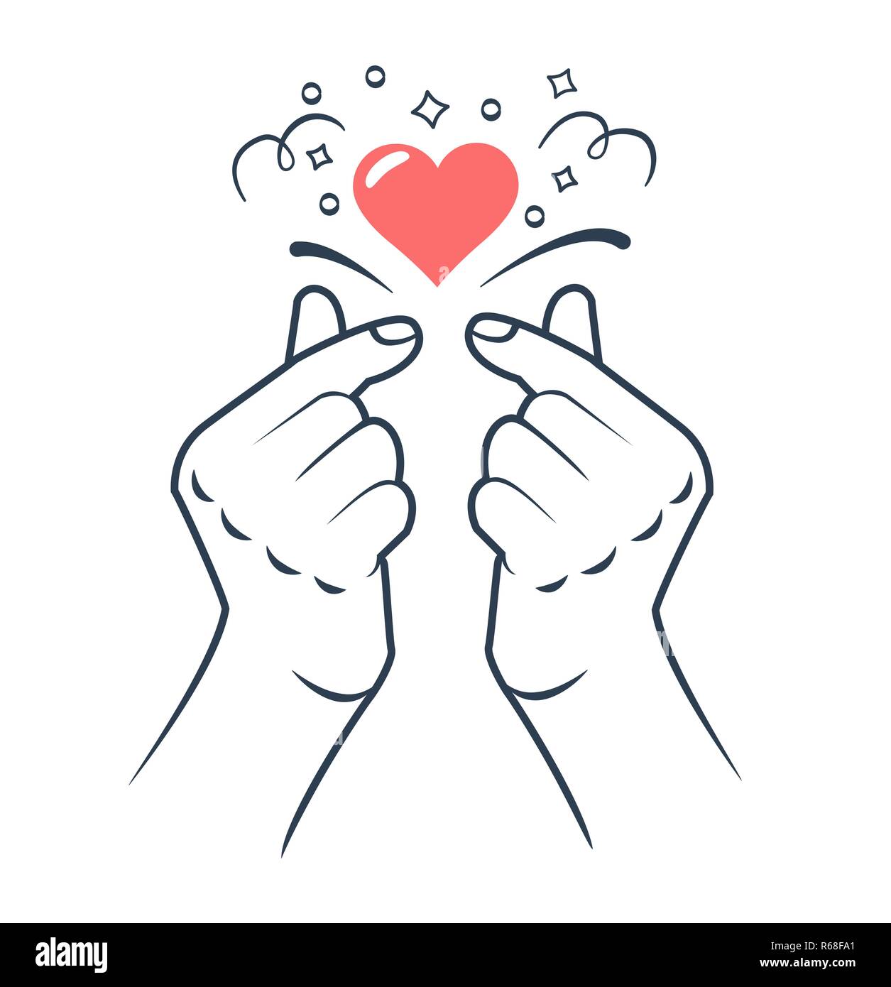 Faire part coeur signe. Amour coréen signe. Symbole du coeur et l'amour. Corée du doigt le coeur. Icône dans le style linéaire. Illustration de Vecteur