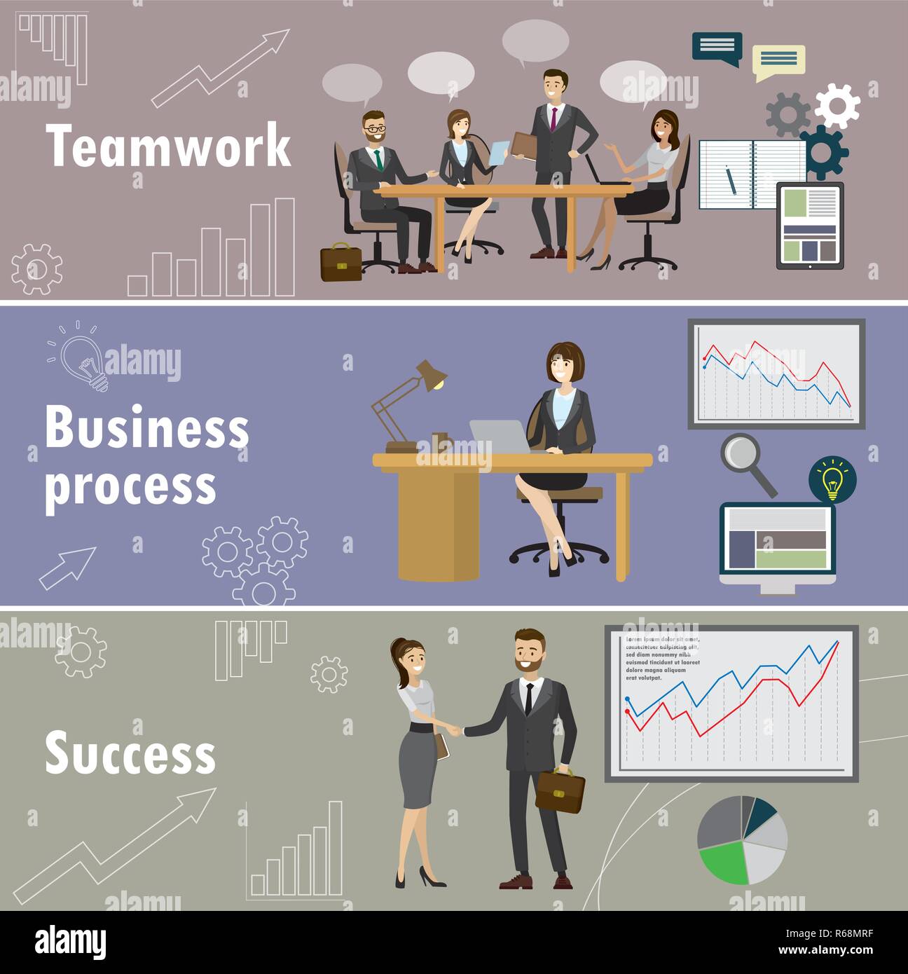 Bannière d'affaires,trois thèmes - Le travail d'équipe, l'équipe commerciale, le succès.Cartoon vector illustration Illustration de Vecteur