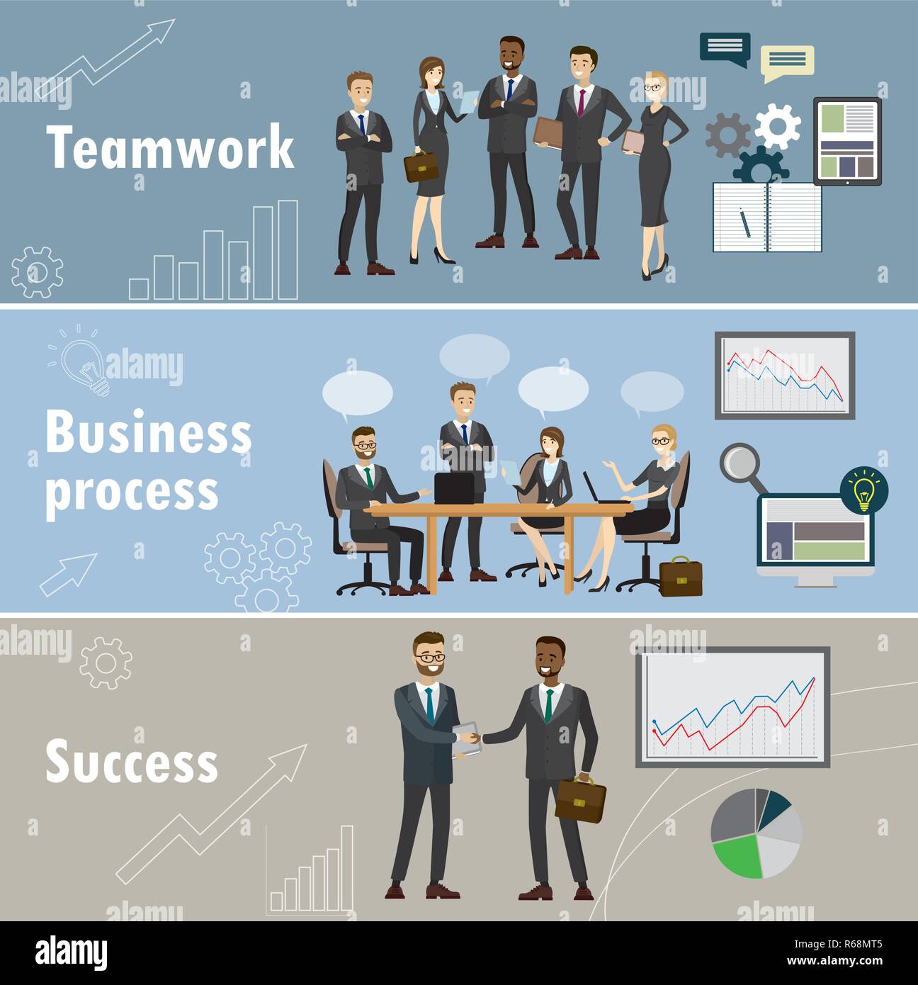 Bannière d'affaires,trois thèmes - Le travail d'équipe, l'équipe commerciale, le succès.Cartoon vector illustration Illustration de Vecteur