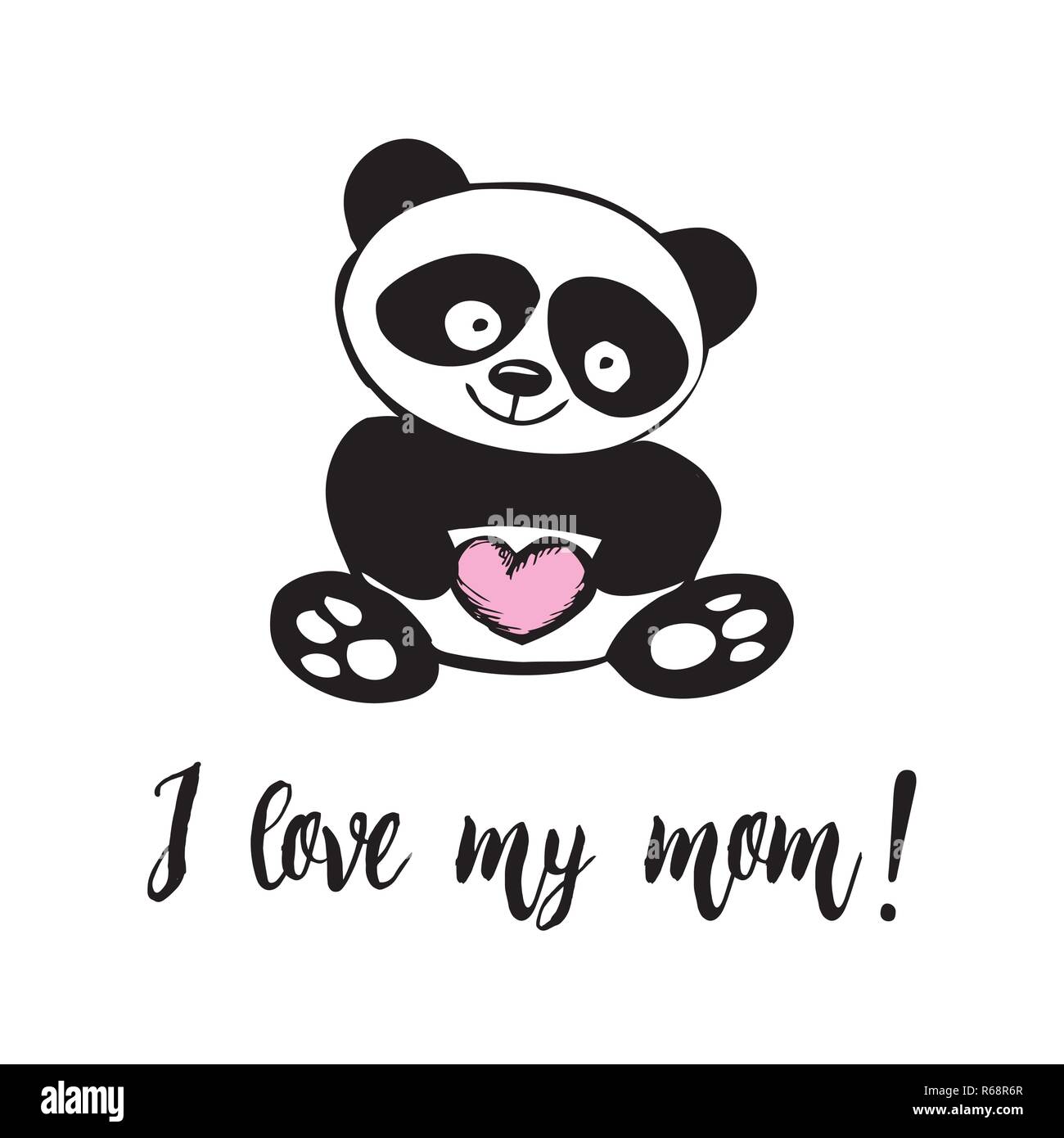 Cute little panda avec coeur,inscription -J'aime ma maman,hand drawn vector illustration Illustration de Vecteur