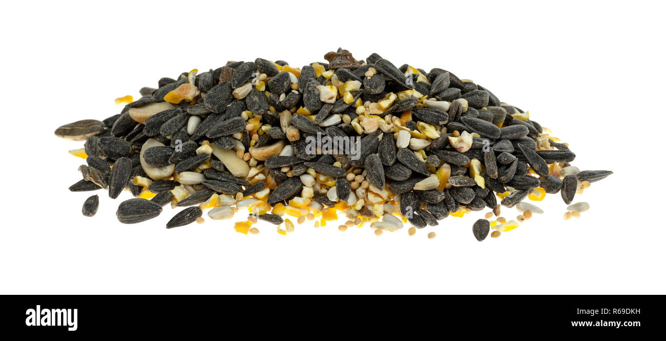 Un tas de nourriture pour oiseaux sauvages avec un assortiment de graines et arachides isolé sur un fond blanc. Banque D'Images