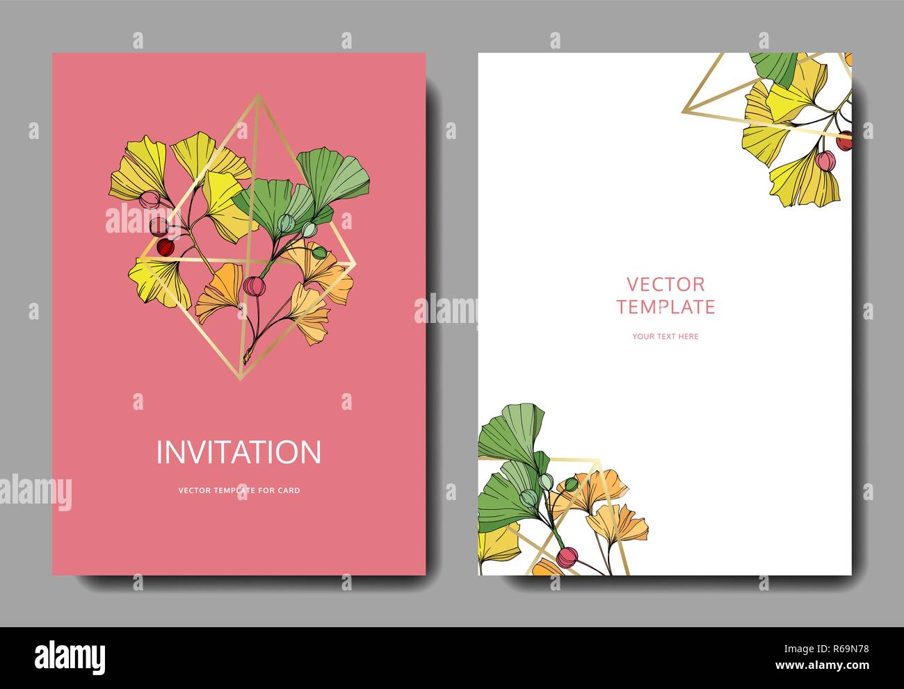 Vecteur. Feuille de ginkgo. Fond carte rose de mariage. Je vous remercie, rsvp, invitation carte élégante illustration graphic. Illustration de Vecteur