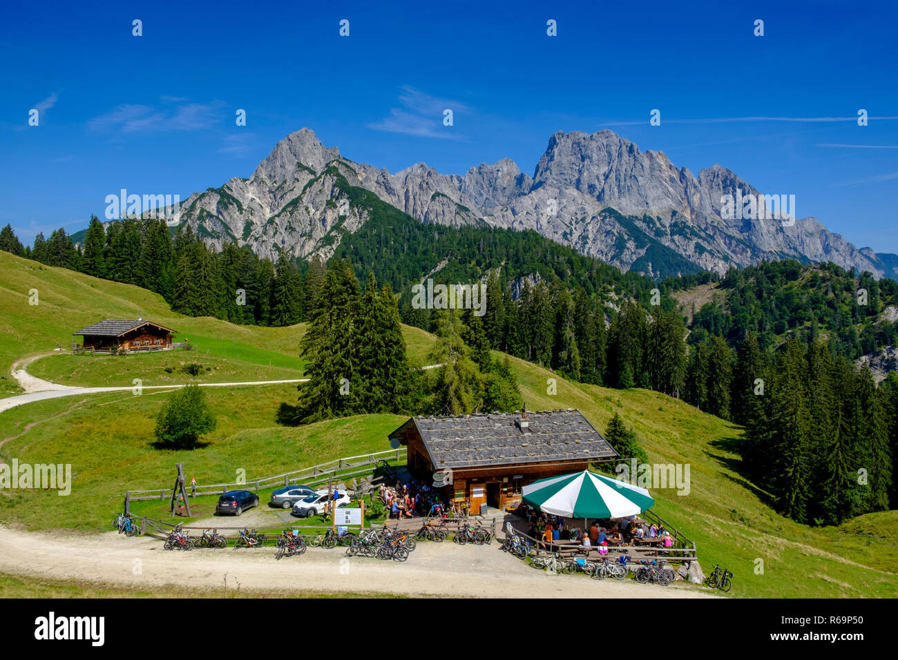 Querleitkaser Litzlalm, Mühlsturzhörner, im Hintergrund der Reiter Alm, St. Martin am Lofer, Pinzgau, Salzburger Land, Österreich. Banque D'Images