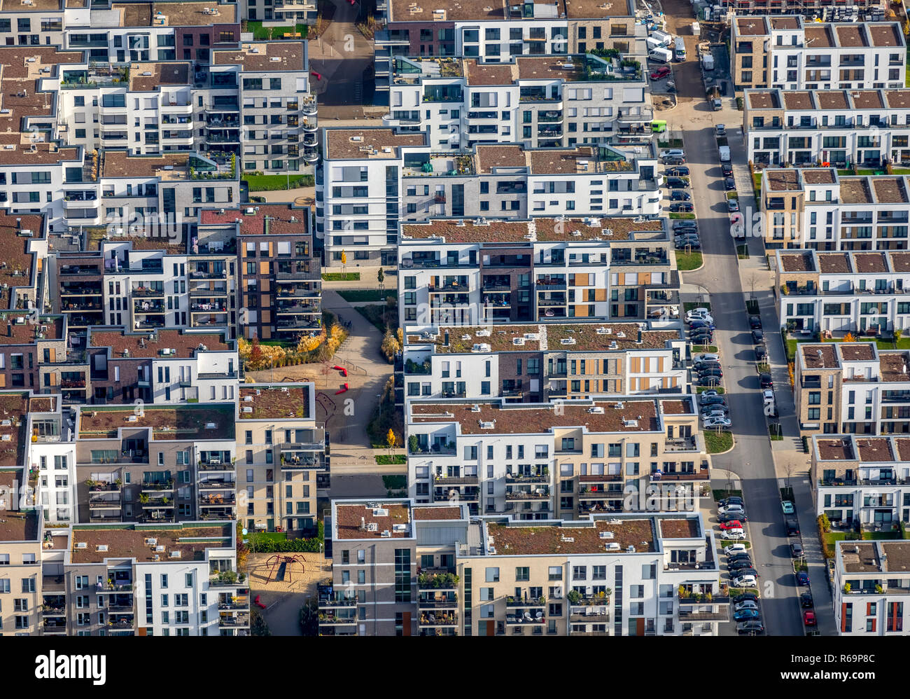 Vue aérienne, housing estate, nouveau lotissement, Röpkestraße, Derendorf, Düsseldorf, Rhénanie-du-Nord - Westphalie, Banque D'Images