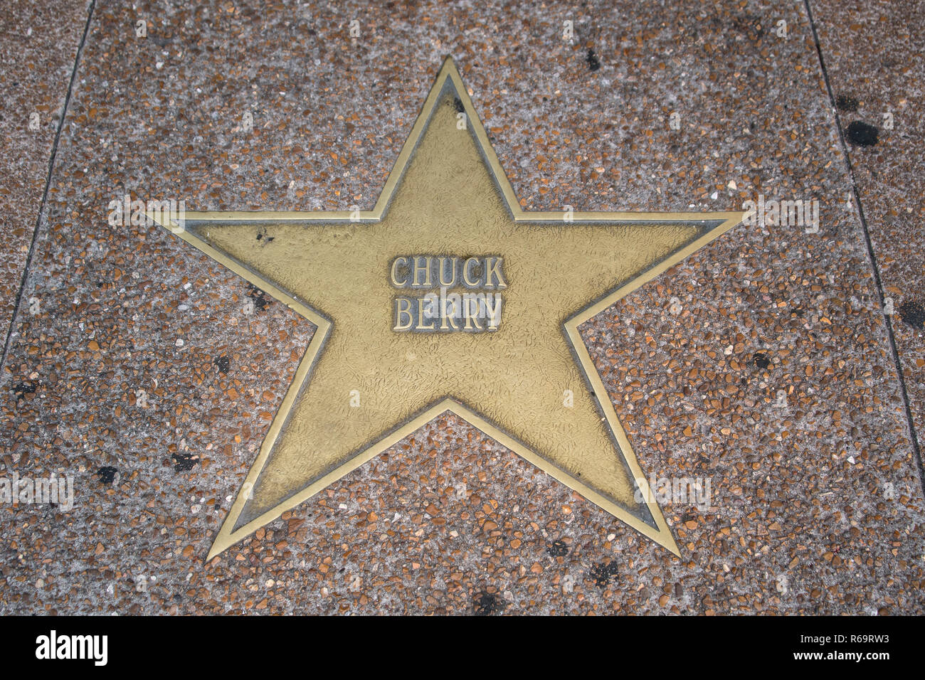 Star du Rock'n'Roll Chuck Berry légende sur le Walk of Fame, Delmar Boulevard, Delmar Loop, St Louis, Missouri, USA Banque D'Images