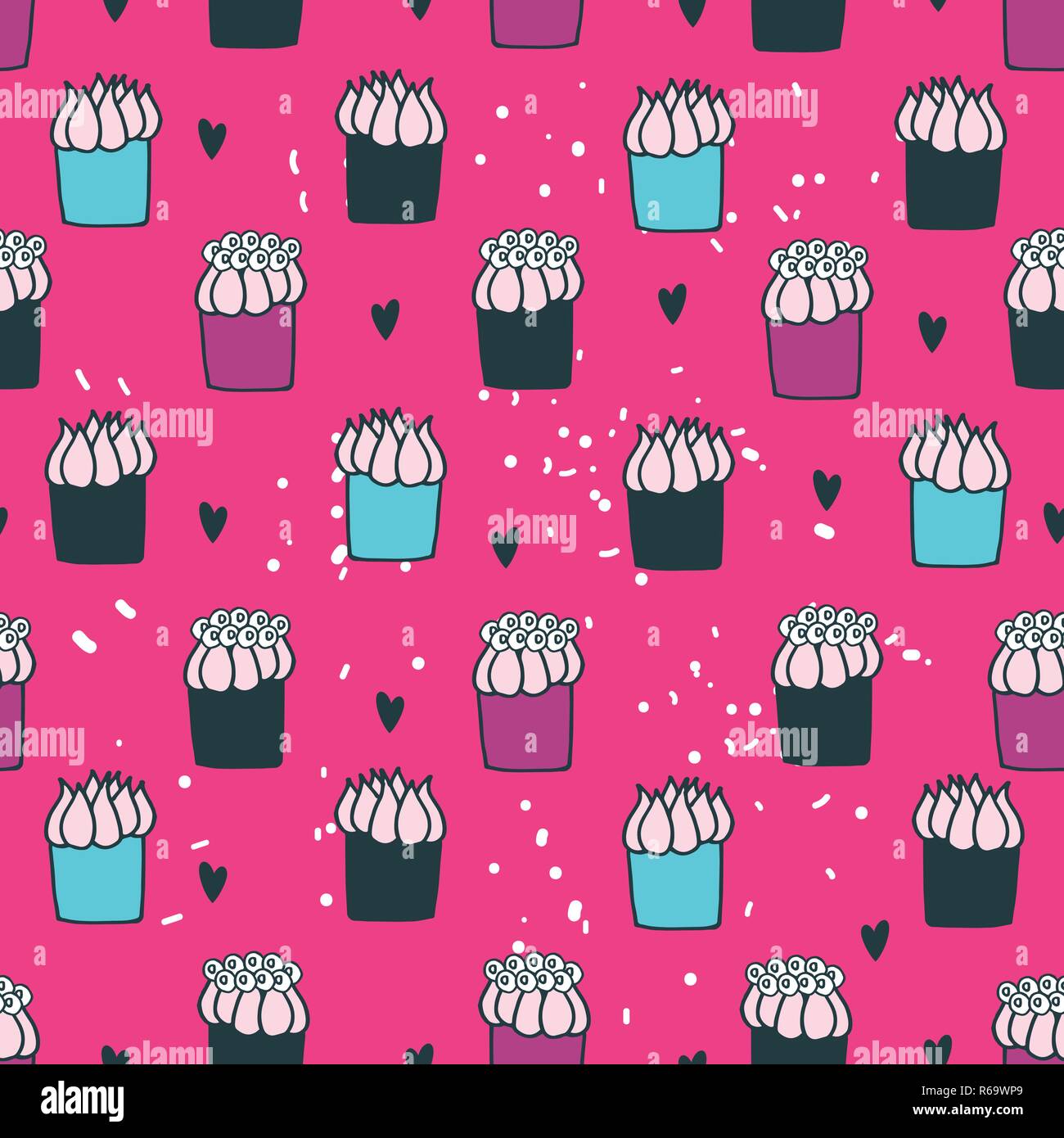 Colorful hand drawn Seamless background pattern avec délicieux dessert cupcakes Vector illustration Illustration de Vecteur