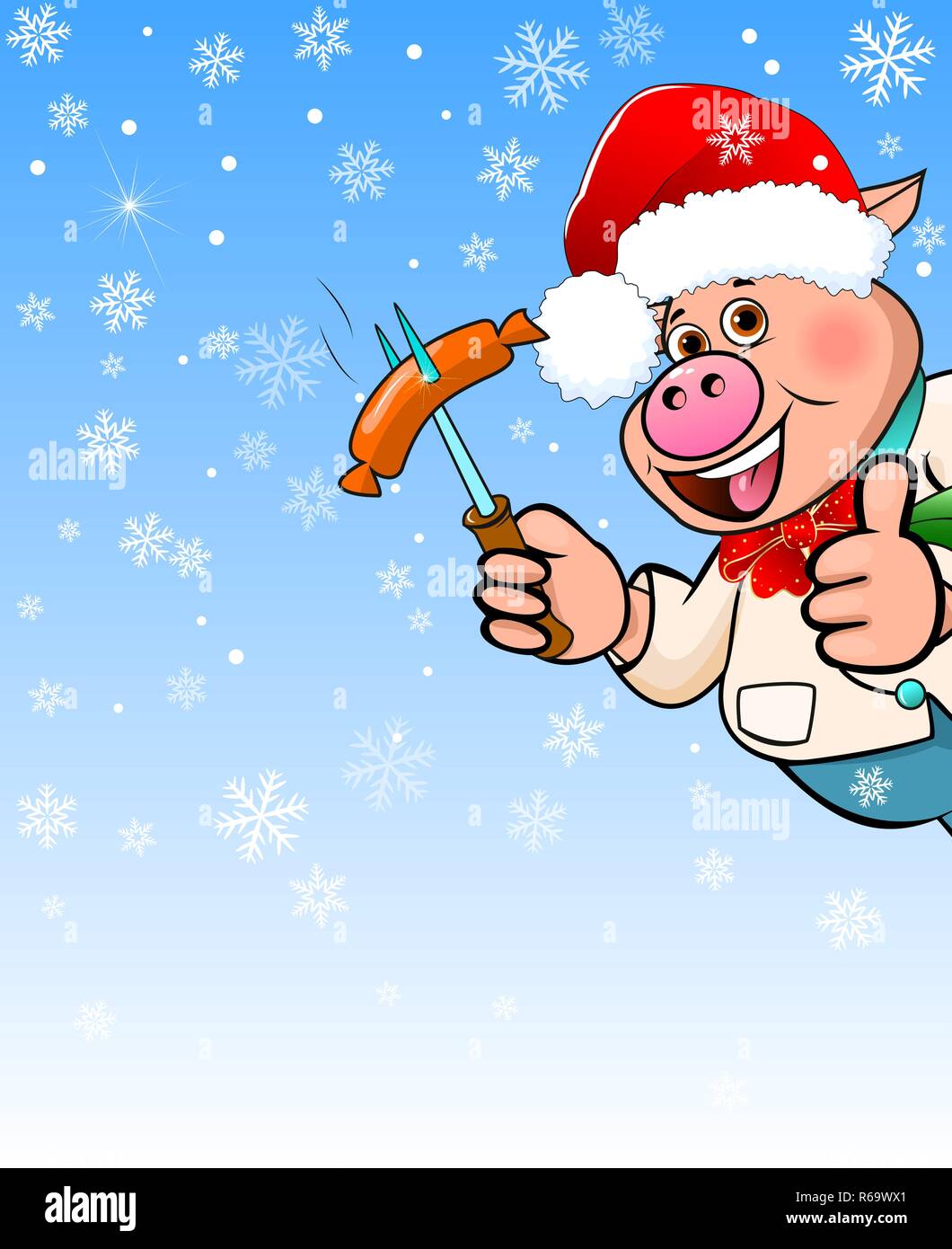 Cartoon chat en hat Santa Claus holding une saucisse barbecue dans sa main. Illustration de Vecteur