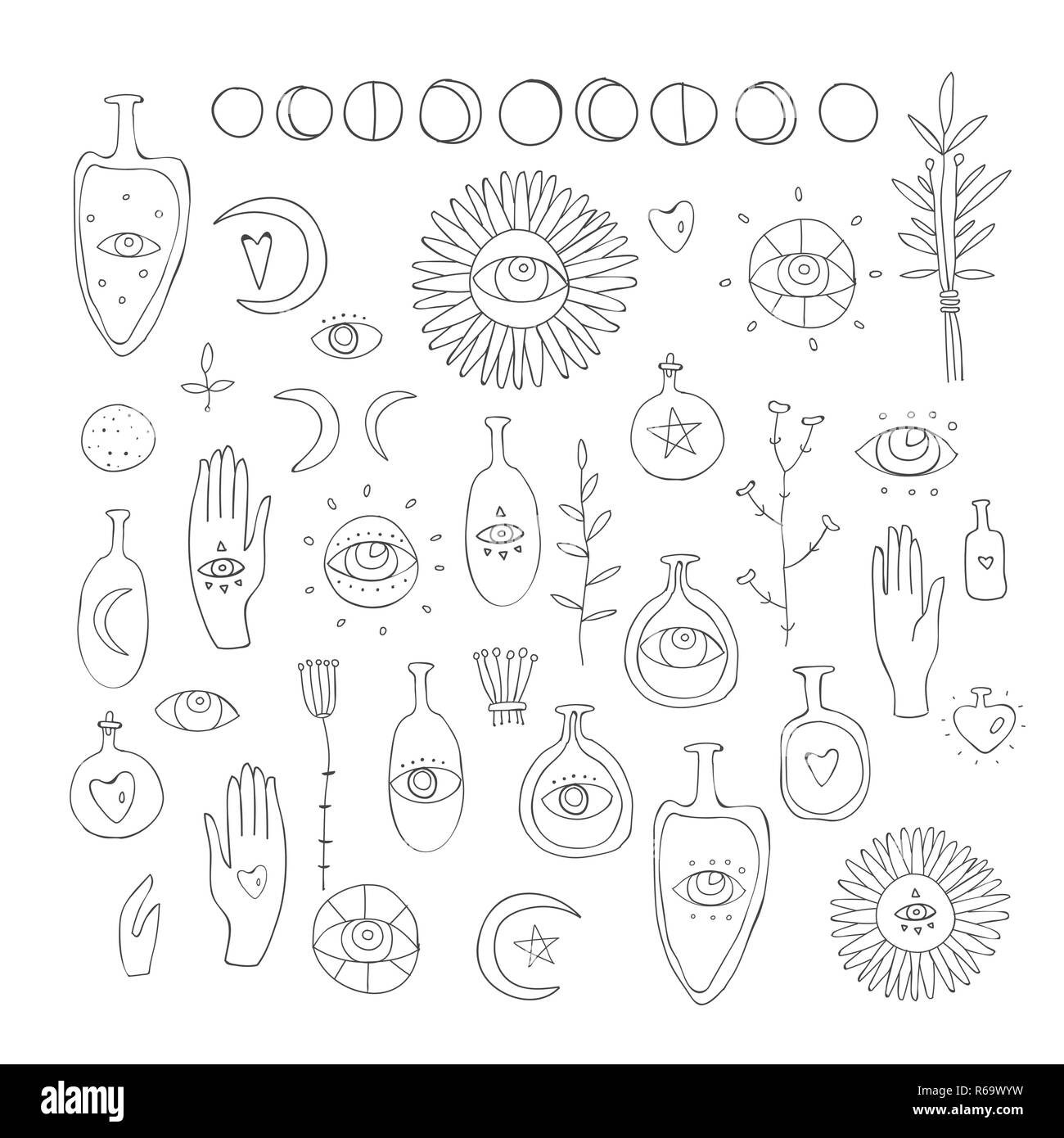 Hand Drawn Vector Design Elements Dessin De Symboles Esoteriques Magie Spirituelle Des Signes Sacres Et Les Symboles Sur Fond Blanc La Sorcellerie Bootles Avec Elle Image Vectorielle Stock Alamy