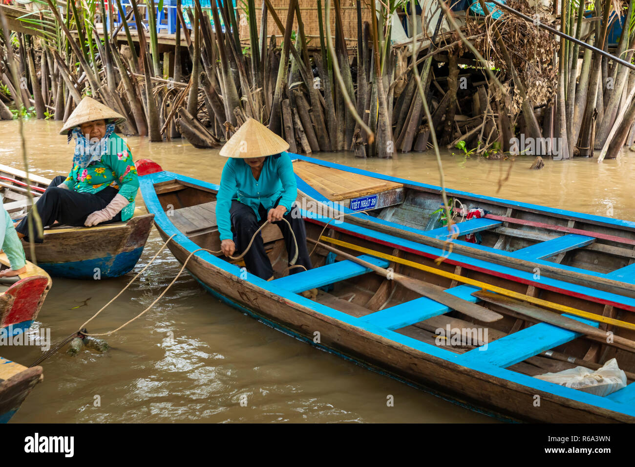 MY Tho, Vietnam - 24 NOVEMBRE 2018 : Delta du Mékong croisière dans la jungle avec artisan pêcheur non identifiés et des barques sur les inondations boueuses lotus fi Banque D'Images