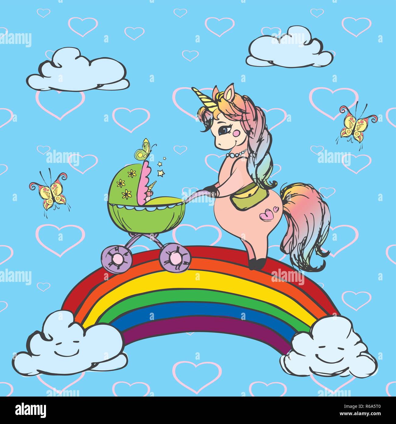 La licorne dame à la pram marche sur un arc-en-ciel,funny hand drawn vector illustration Illustration de Vecteur