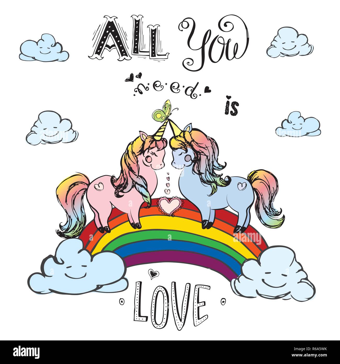 Couple de licornes debout sur rainbow avec l'inscription - tout ce qu'il vous faut, c'est l'amour,hand drawn vector illustration Illustration de Vecteur