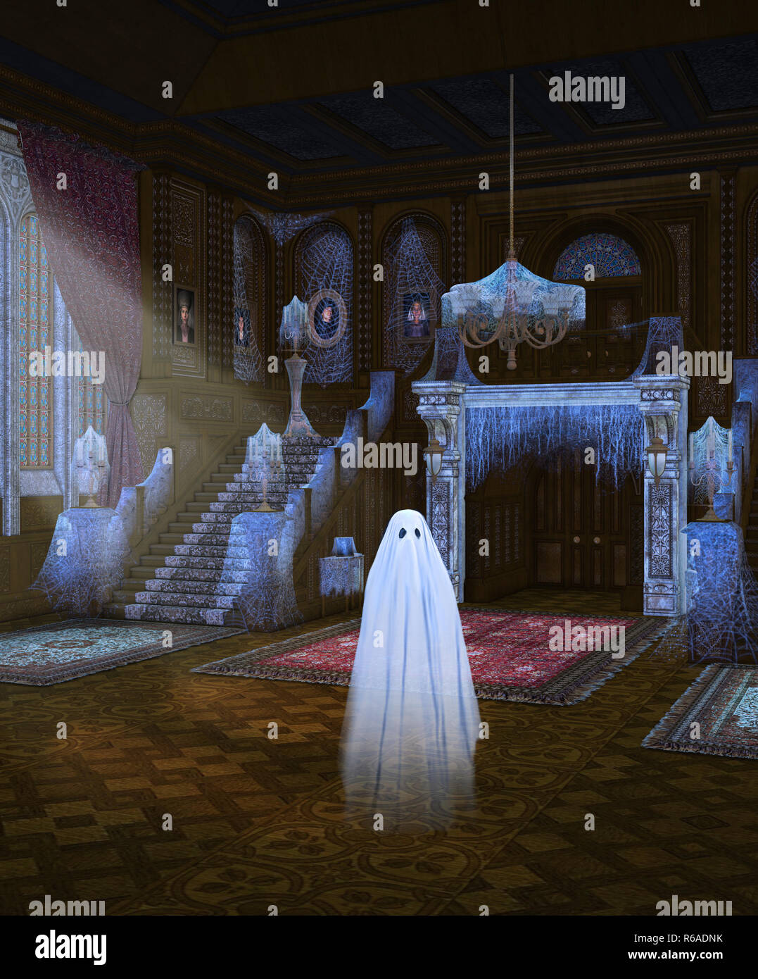 Scary haunted mansion entrée, grand escalier et candalabras, creepy et un sentiment d'Halloween, avec un fantôme dans la nuit, 3D render Banque D'Images
