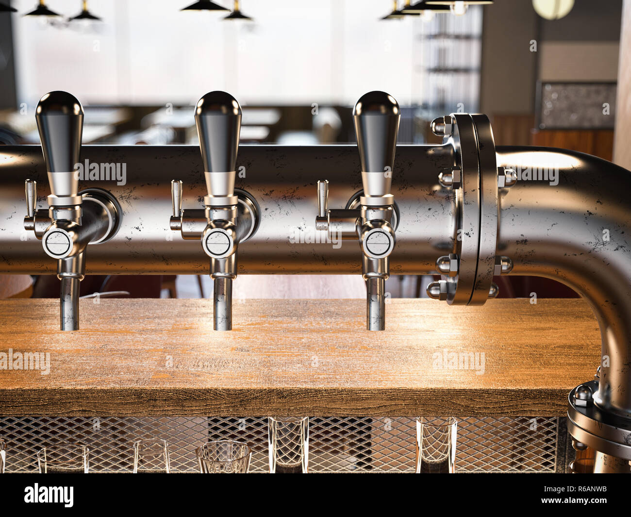 Les poignées de bière dans le restaurant loft. Le rendu 3D Banque D'Images