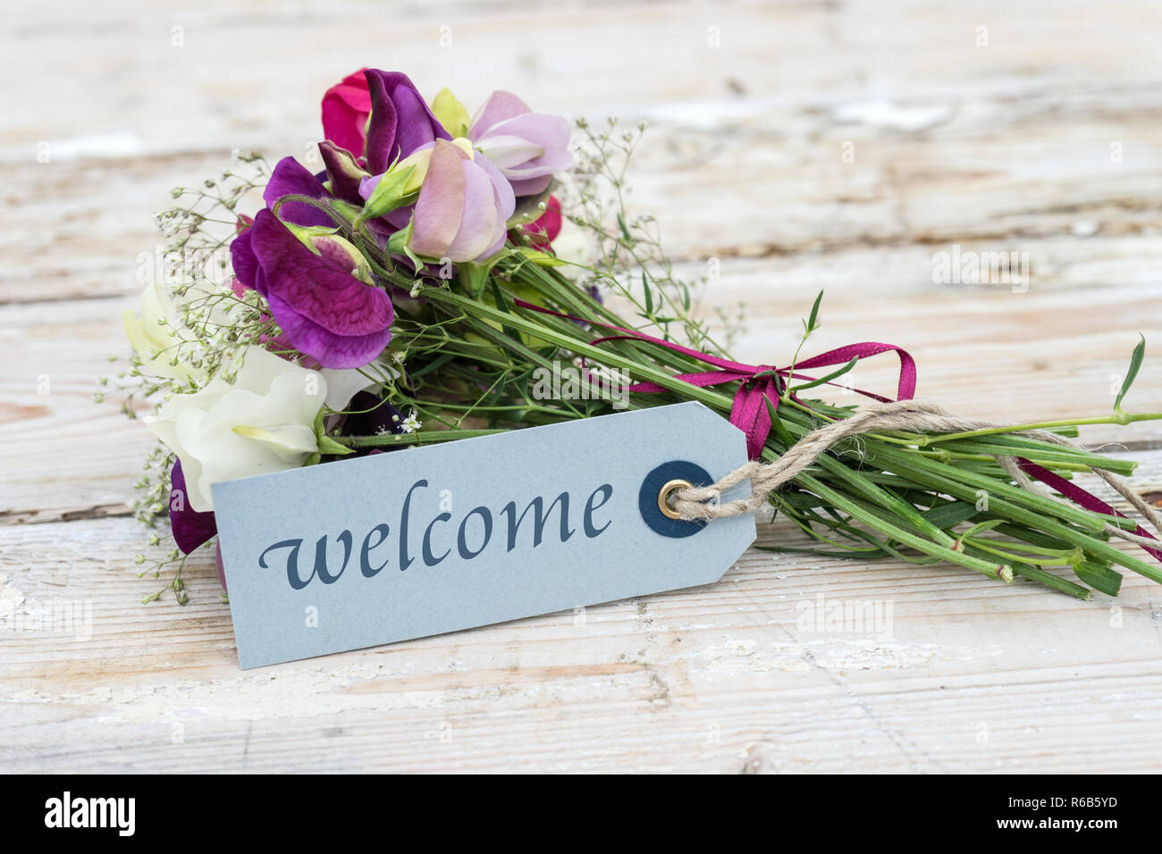 Petit bouquet avec la vesce et carte de souhaits avec message d'accueil Bienvenue Banque D'Images