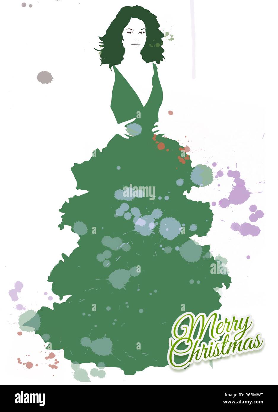 Femme en robe d'arbre de Noël Banque D'Images