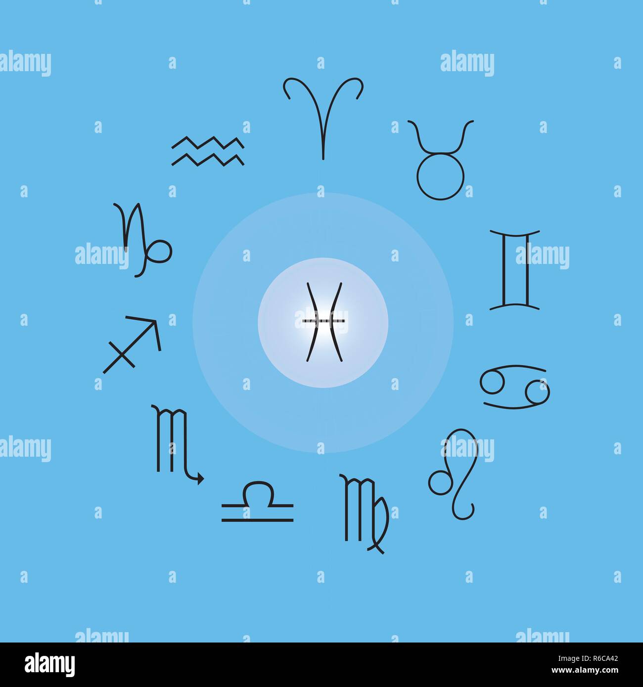 Signes astrologiques, les symboles du zodiaque, horoscope, l'astrologie et les signes mystiques vector illustration sur un fond bleu clair Illustration de Vecteur