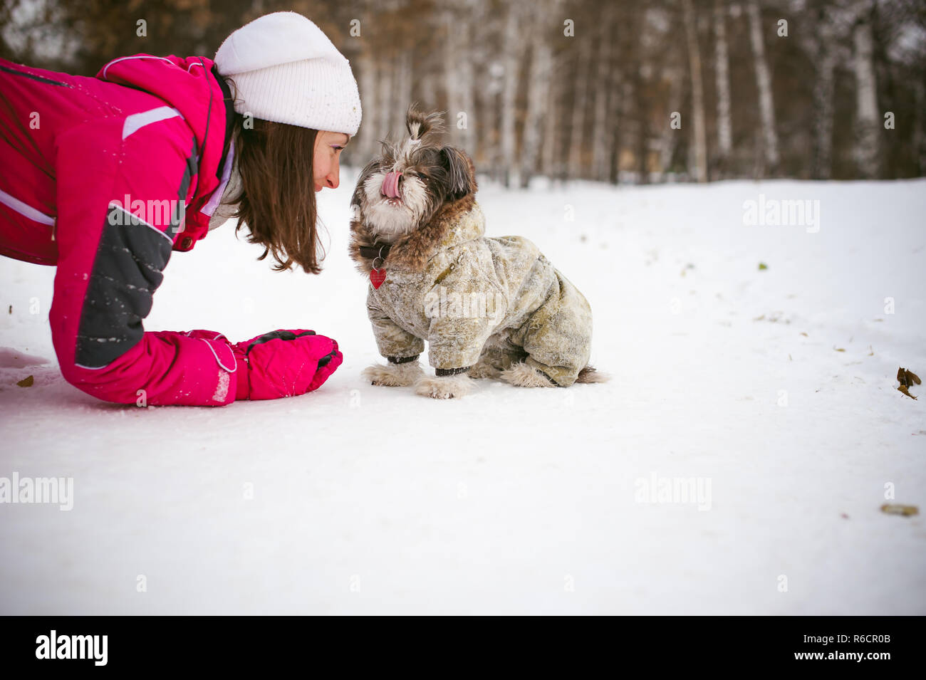à Pied En Hiver En Plein Air Avec Race De Chien Shih Tzu