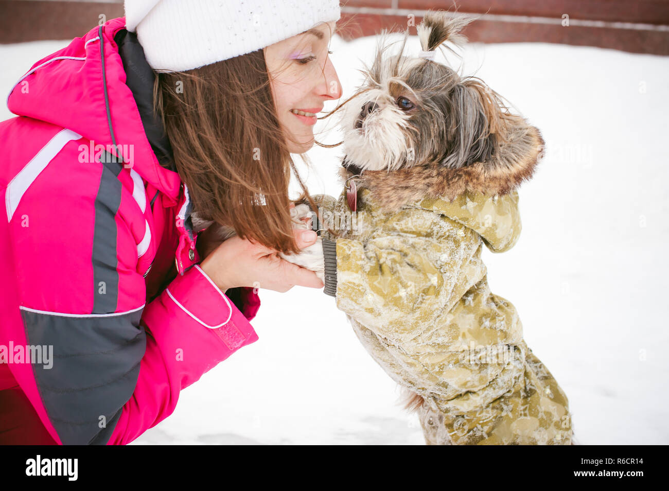 À pied en hiver en plein air avec race de chien Shih Tzu. Une femme en vêtements de ski chaud rouge vif marcher dans la neige avec vos animaux de compagnie, peu de shih tzu vêtus de salopettes. soin des animaux aime jouer avec le chien Banque D'Images