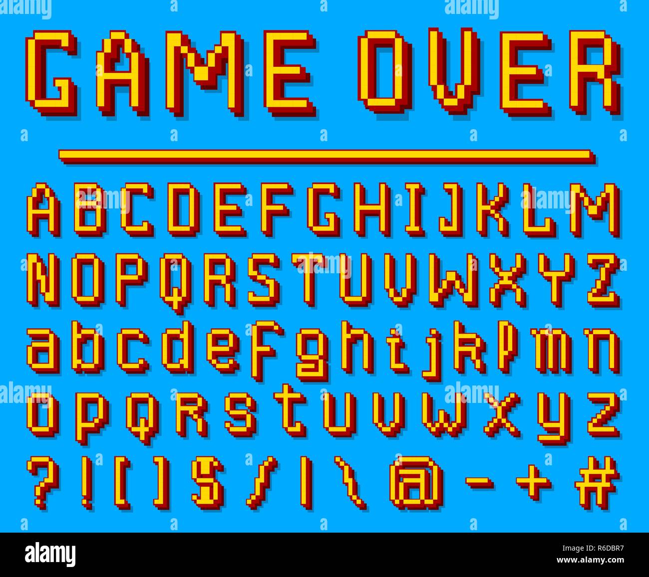 Une Droite Et Un Vecteur 8 Lettres Pixel font. 8-bit des symboles. Style de jeu vidéo numérique. Lettres et chiffres sur fond bleu. Vintage Retro typeface abc. Vidéo de l'ordinateur d'erreur. Design futuriste. Vector Alphabet Image Vectorielle Stock -