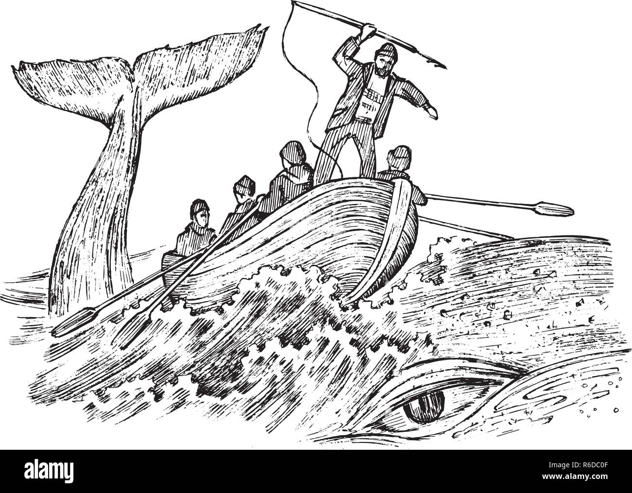 La chasse à la 18e et 19e siècle. Seascape vintage avec les chasseurs dans des bateaux avec des harpons. effrayant à mort des animaux. Vintage style. Croquis dessinés à la main, gravée. Illustration de Vecteur
