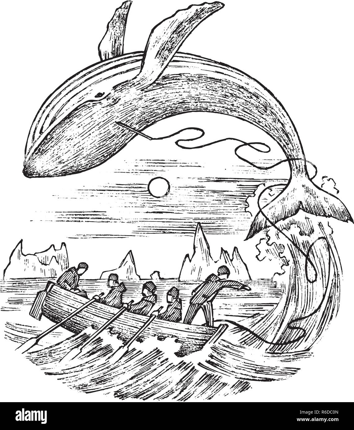 La chasse à la 18e et 19e siècle. Seascape vintage avec les chasseurs dans des bateaux avec des harpons. effrayant à mort des animaux. Vintage style. Croquis dessinés à la main, gravée. Illustration de Vecteur