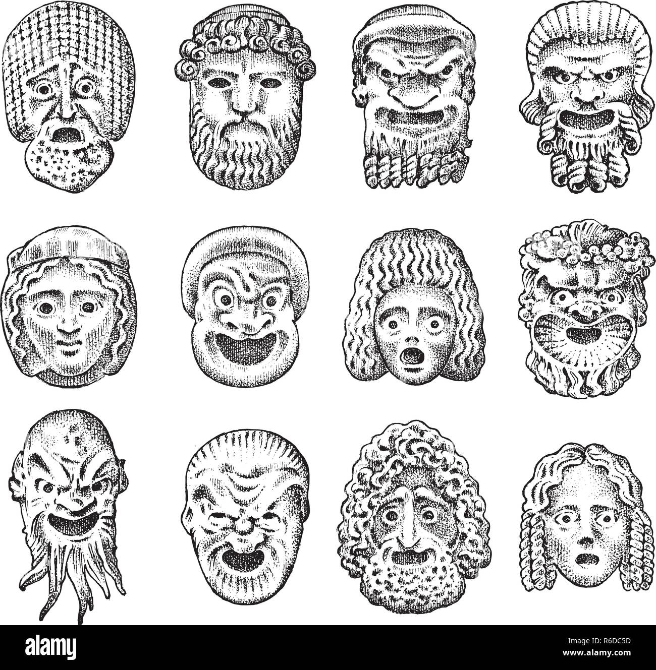 Meubles anciens masques effrayants. Théâtre grec antique résumé visages.  Démon japonais, vieil homme et jeune femme. Vintage style. Croquis dessinés  à la main, gravée Image Vectorielle Stock - Alamy