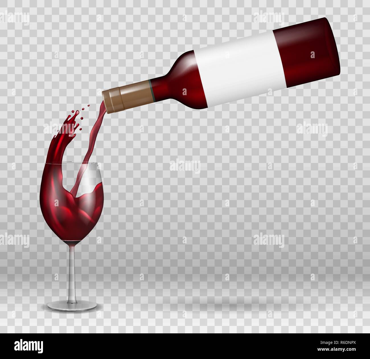 Bouteille de vin transparente et maquette de verre de vin avec réflexion. Liquide de vin rouge versé avec éclaboussures dans le verre isolé. Boisson alcoolisée avec gouttes Illustration de Vecteur