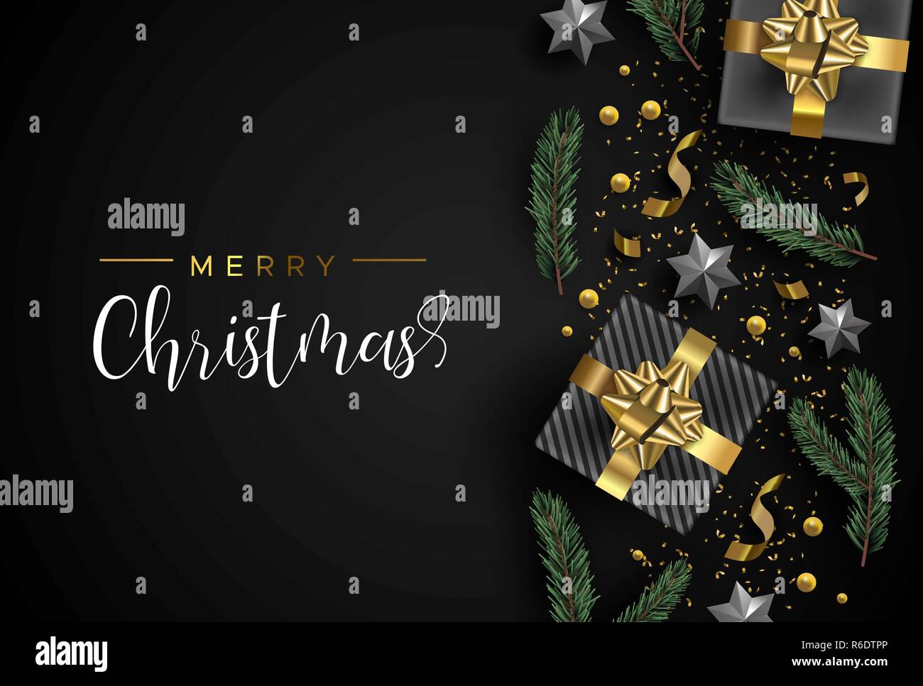 Joyeux Noël, carte gold boîte cadeau réaliste éléments, confetti, étoiles et pine tree leaf sur fond noir. Modèle de luxe, illustration. Illustration de Vecteur