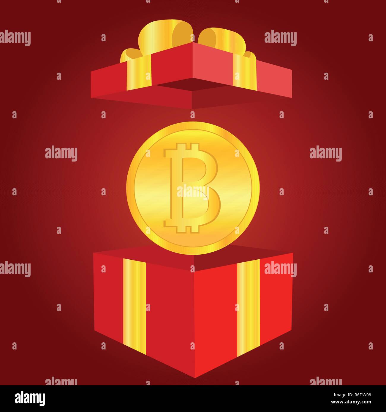 Pièce brillant doré avec symbole bitcoin, rouge boîte-cadeau. Concept Cryptocurrency. Conception graphique pour l'autocollant, mobile app ou site web vector Illustration de Vecteur