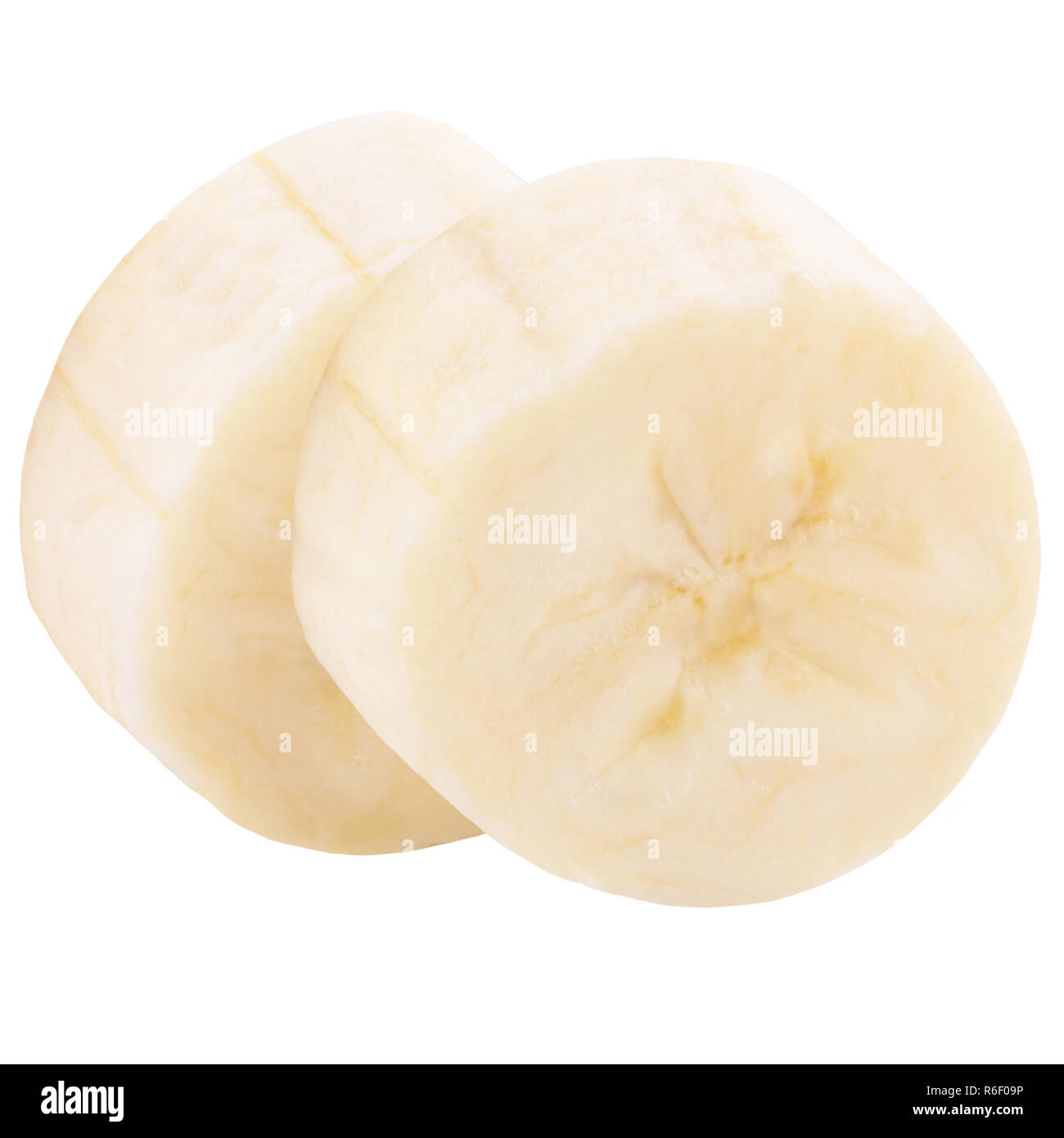 Deux tranches de banane fraîchement isolated on white Banque D'Images