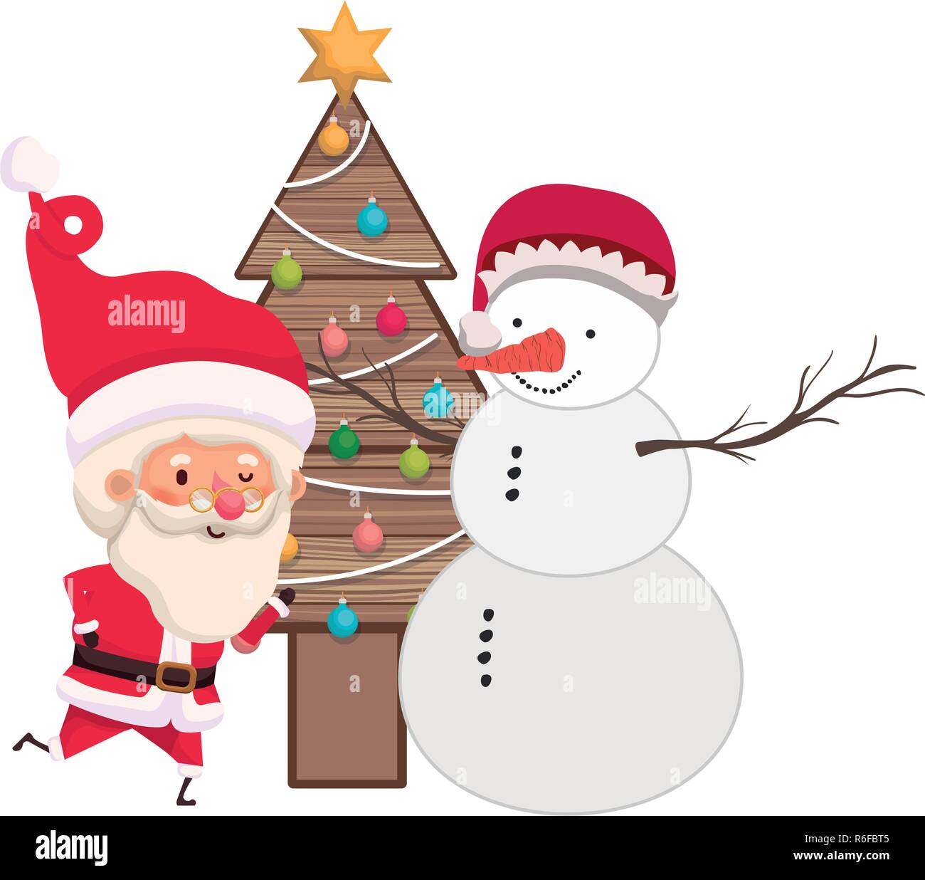 Père Noël avec sapin de noël et bonhomme de neige Illustration de Vecteur