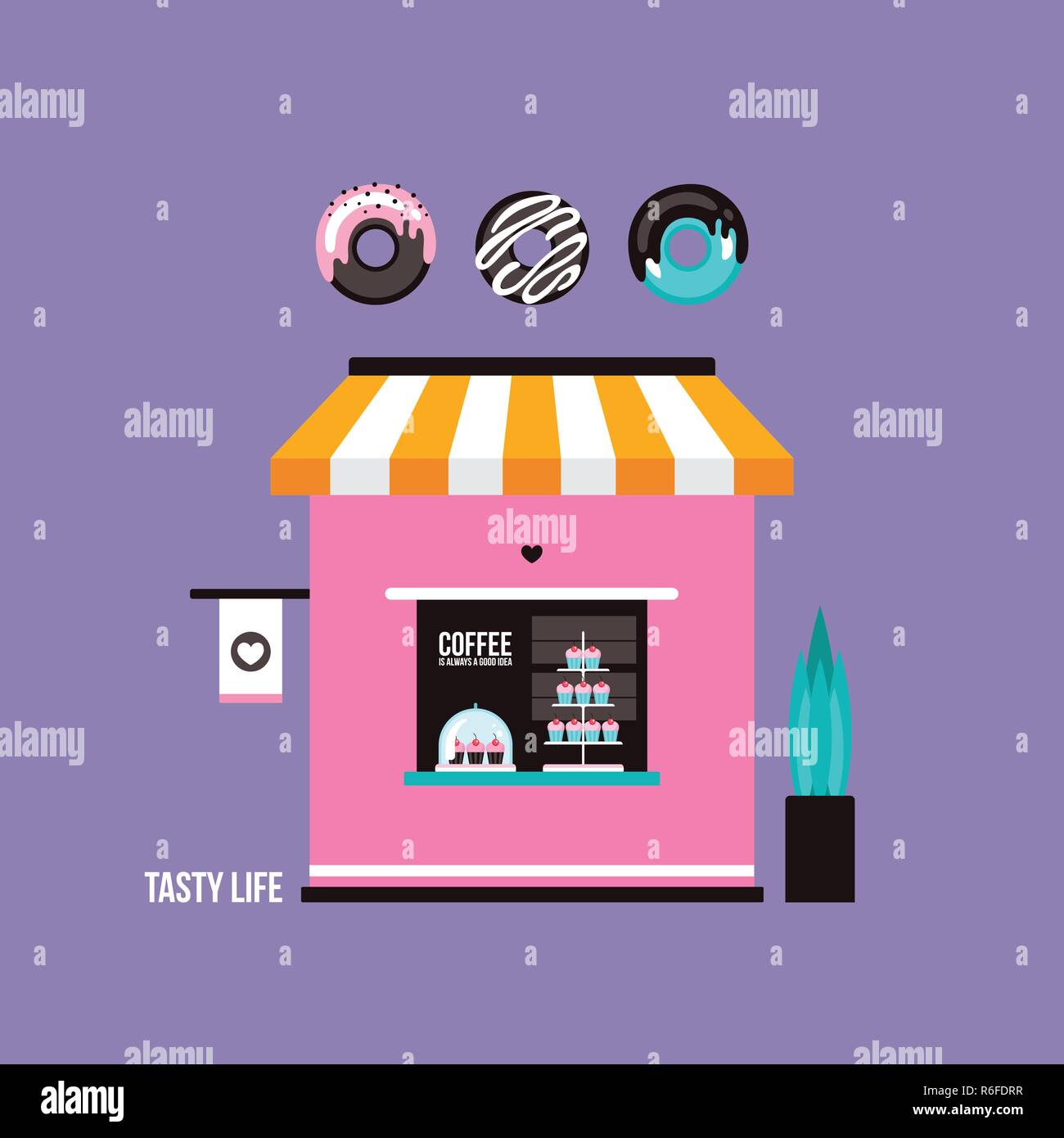 Bakery Café place pour acheter de délicieux desserts muffins Cupcakes donuts colorés mignon petit café la façade de l'immeuble vue avant vector illustration Illustration de Vecteur