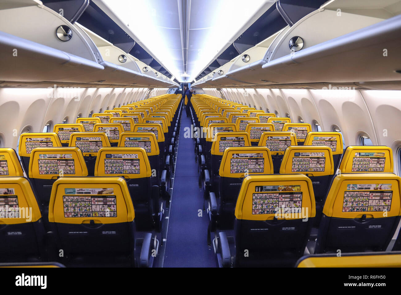 Le nouveau Boeing Sky Interior cabin de Ryanair. l'avion est un Boeing 737-800  spécifiquement un Boeing 737 Next Gen ou 737-8COMME(WL) avec l'inscription  EI-FZL. Ryanair est un transporteur à faibles coûts basée