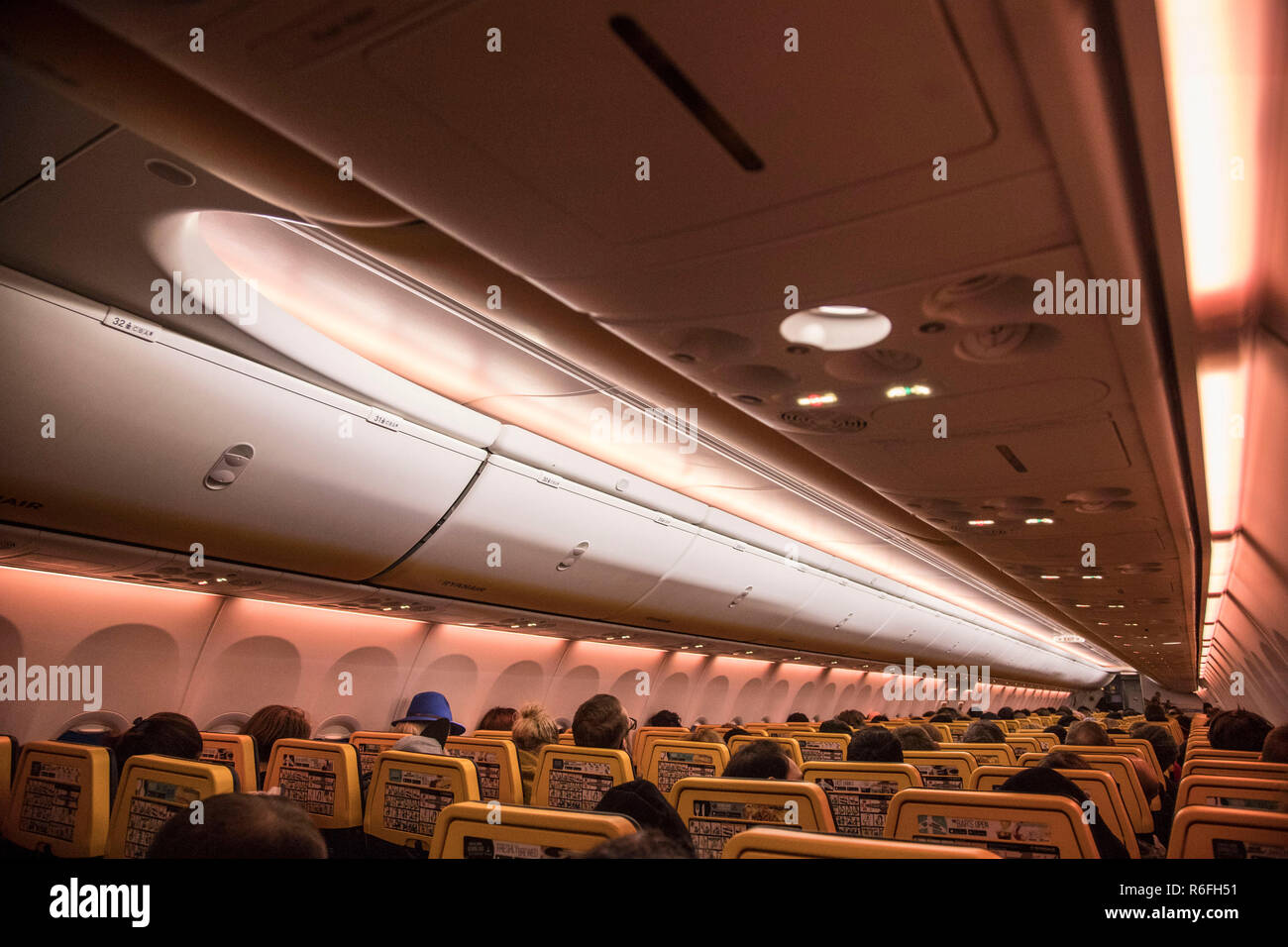 Le nouveau Boeing Sky Interior cabin de Ryanair. l'avion est un Boeing 737-800 spécifiquement un Boeing 737 Next Gen ou 737-8COMME(WL) avec l'inscription EI-FZL. Ryanair est un transporteur à faibles coûts basée à l'aéroport de Dublin, Irlande. Banque D'Images