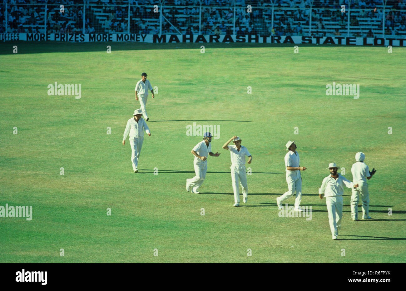Heureux les joueurs anglais sur l'obtention d'un guichet - Inde - Angleterre match de cricket Wankhede Stadium, Bombay, Maharashtra, Inde Février 1980 Banque D'Images