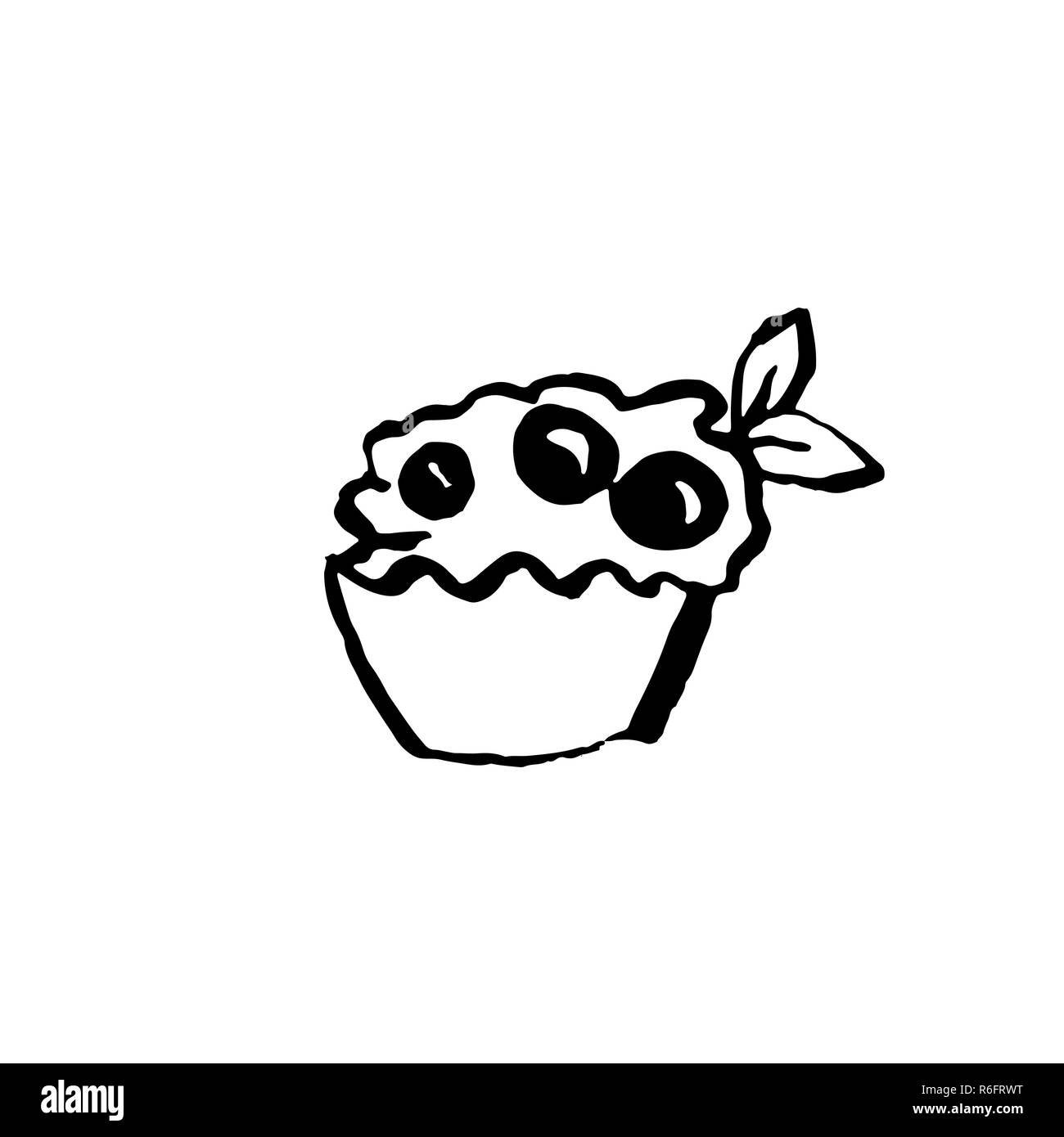 Cup Cake avec berry icône. Grunge vector illustration d'encre. Illustration de Vecteur