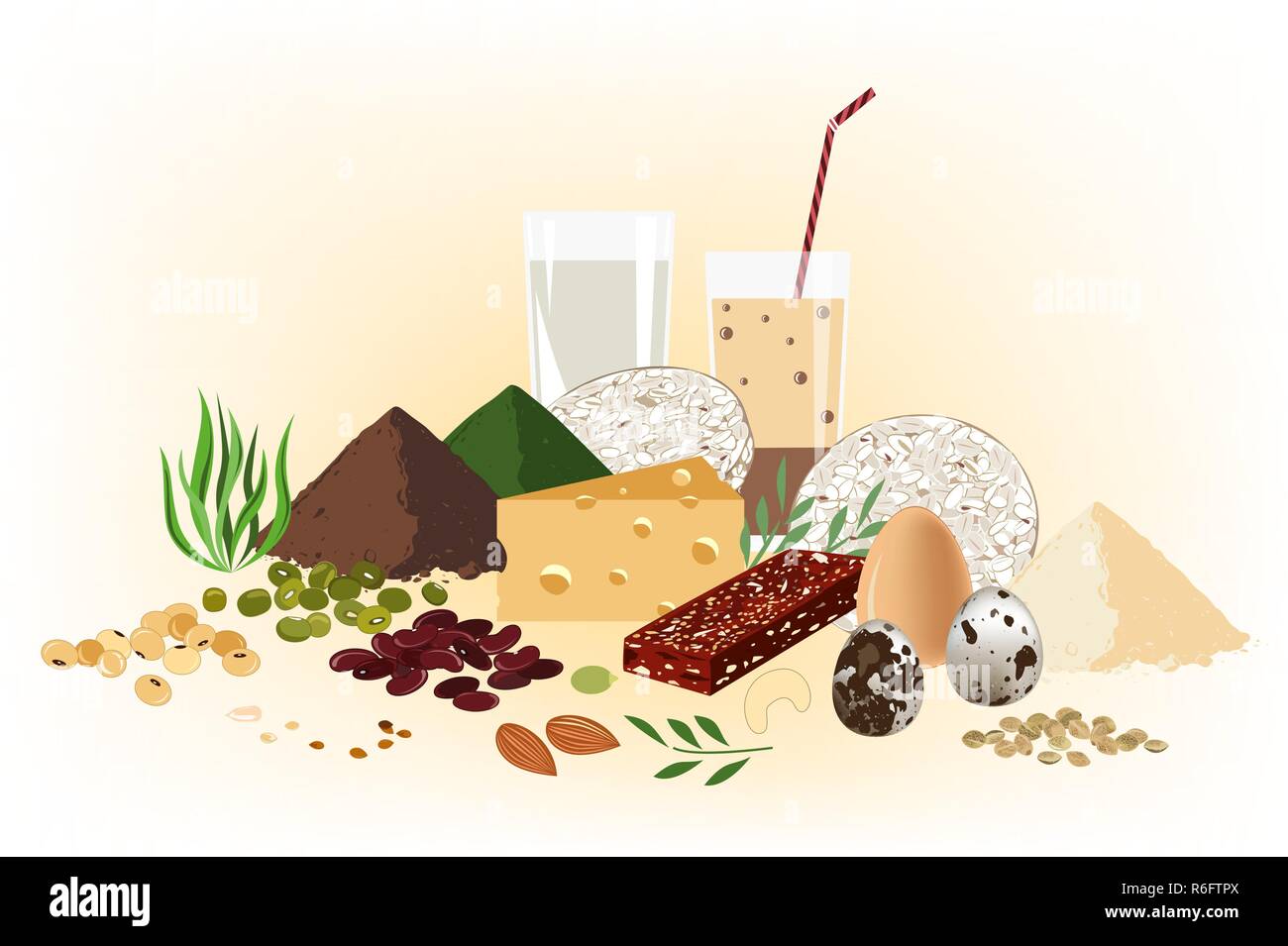 Aliments sains végétariens concept. Ensemble de graines brutes, barre granola, haricots, lait et productds. Arrière-plan de protéines. Illustration de Vecteur