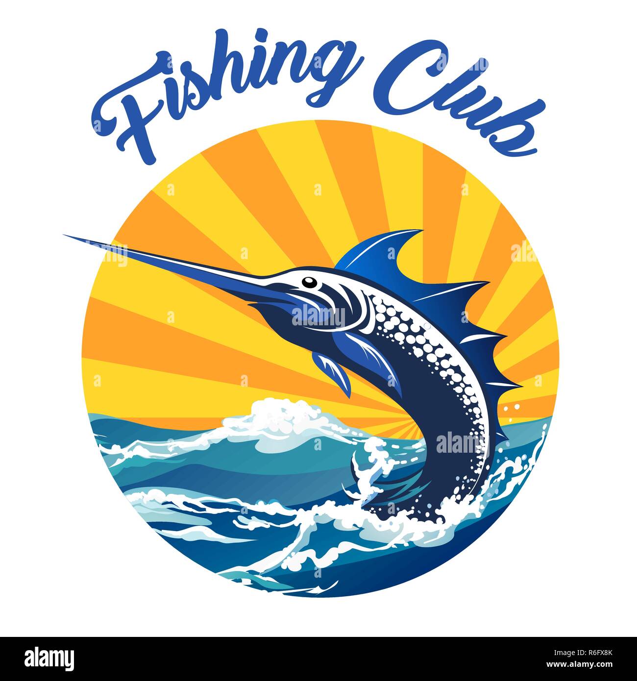L'emblème du Club de pêche. En espadon sautant hors de l'eau. Vector illustration. Illustration de Vecteur